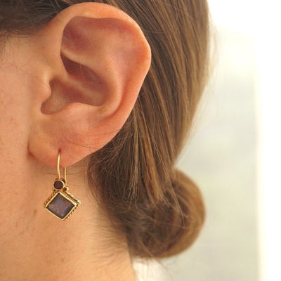14k Gold Natural Labradorite and Garnet Rhombus Earrings