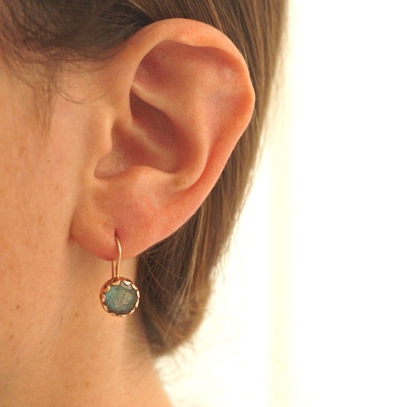 14k Gold Labradorite Round Vintage Earrings