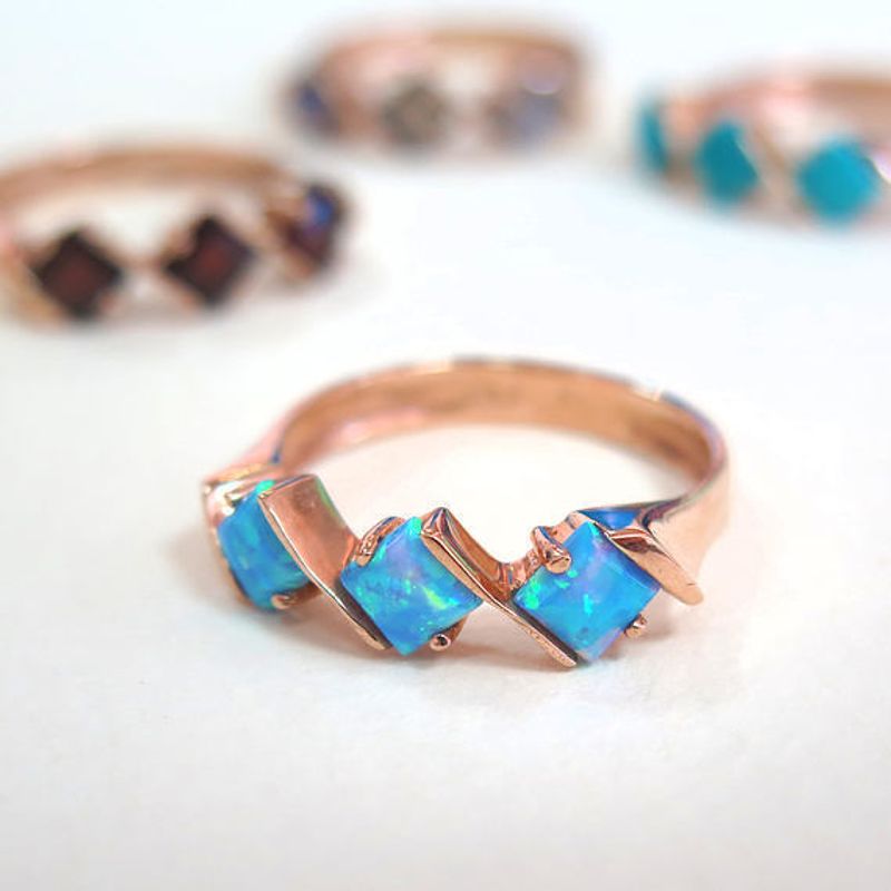 14k Rose Gold Rhombus Blue Opal Ring