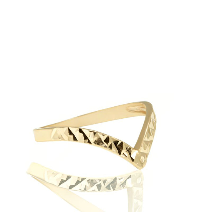 14K Solid Yellow Gold Chevron Ring With Diamond Cuts