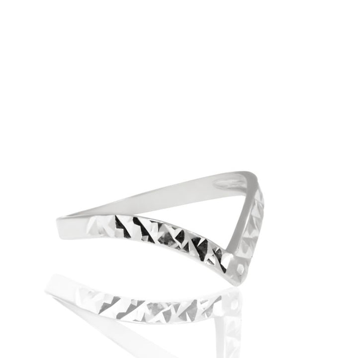 14K Solid White Gold Chevron Ring With Diamond Cuts