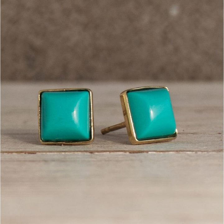 14k Solid Gold Stud Earrings With Square Turquoise Gemstone