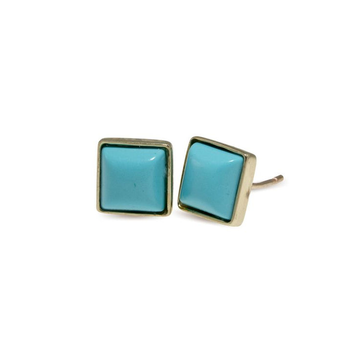 14k Solid Gold Stud Earrings With Square Turquoise Gemstone
