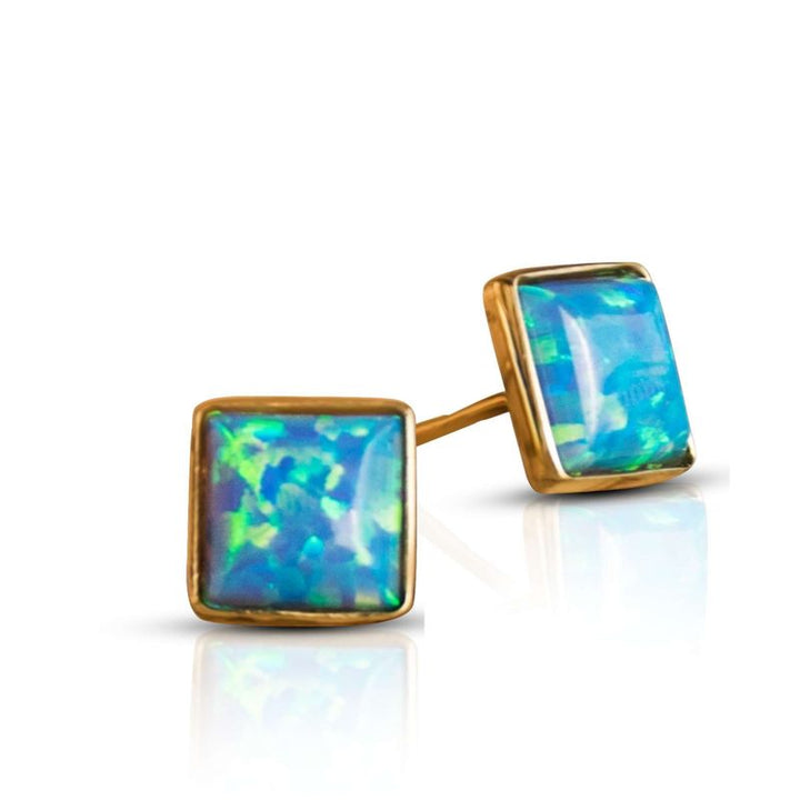 14k Solid Gold Stud Earrings With Square Blue Opal Gemstone