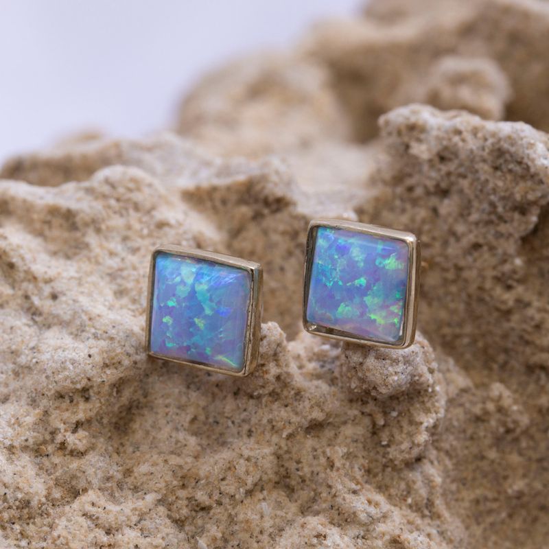 14k Solid Gold Stud Earrings With Square Blue Opal Gemstone