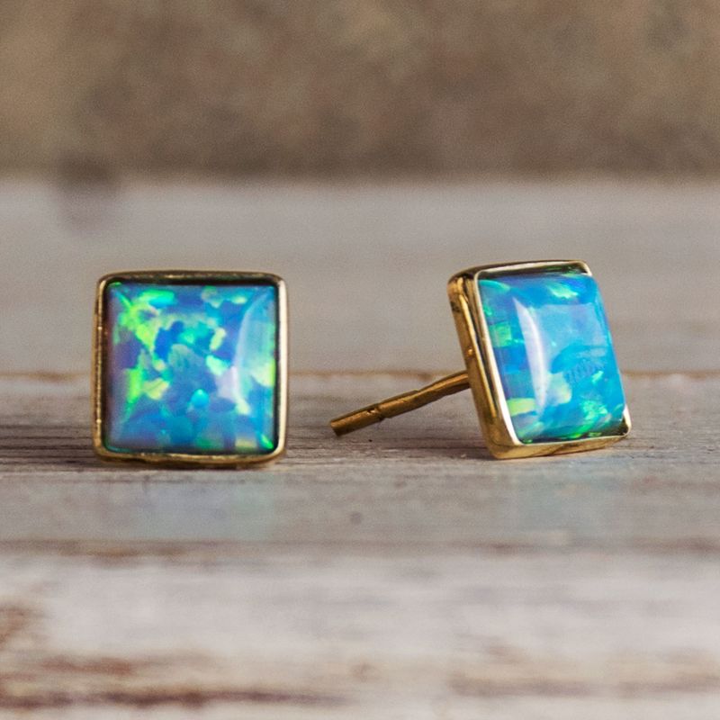 14k Solid Gold Stud Earrings With Square Blue Opal Gemstone