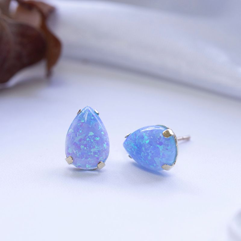 14k Solid Gold Blue Opal Drop Earrings