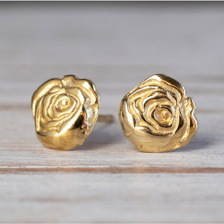 14k Solid Gold Rose Stud Earrings With Gold Closures