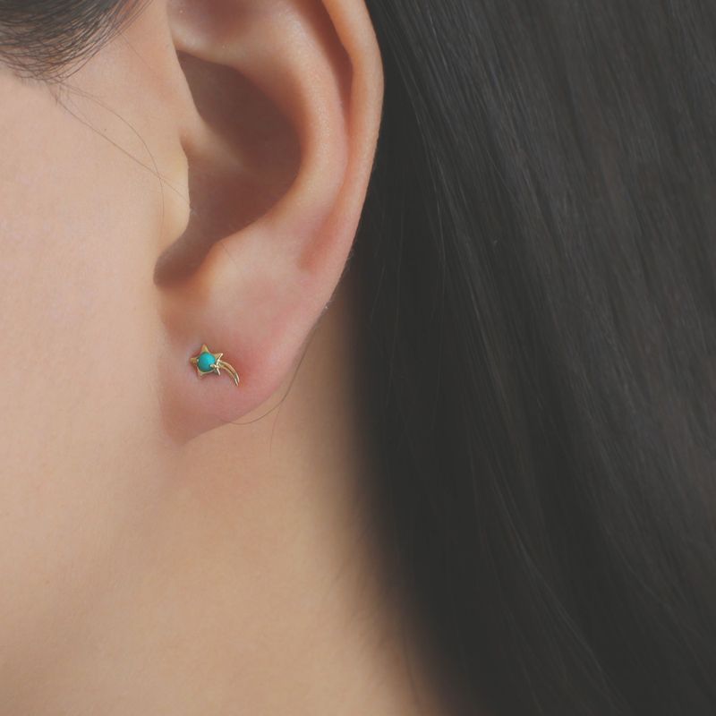 14k Solid Gold Falling Star With 2mm Turquoise Gemstone Stud Earrings