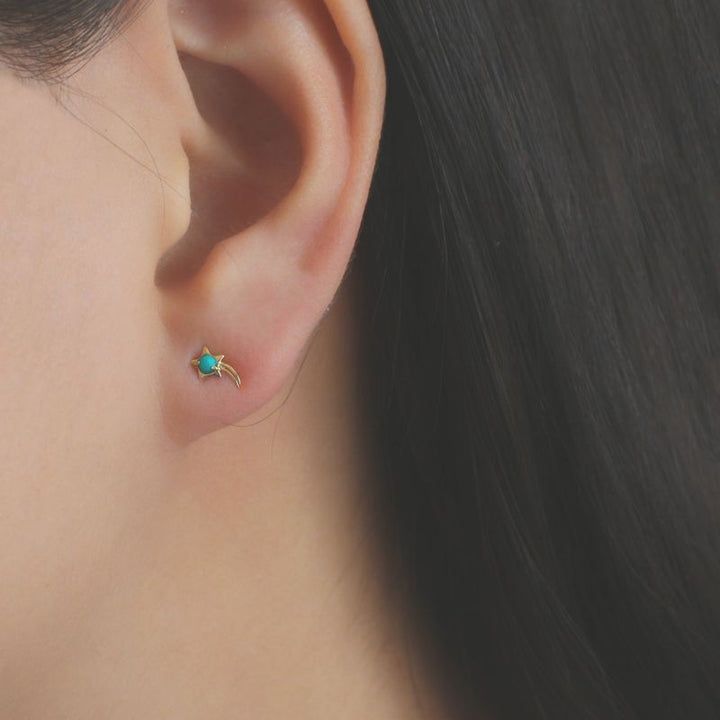 14k Solid Gold Falling Star With 2mm Turquoise Gemstone Stud Earrings