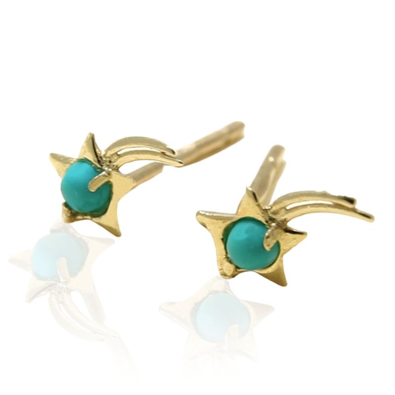 14k Solid Gold Falling Star With 2mm Turquoise Gemstone Stud Earrings