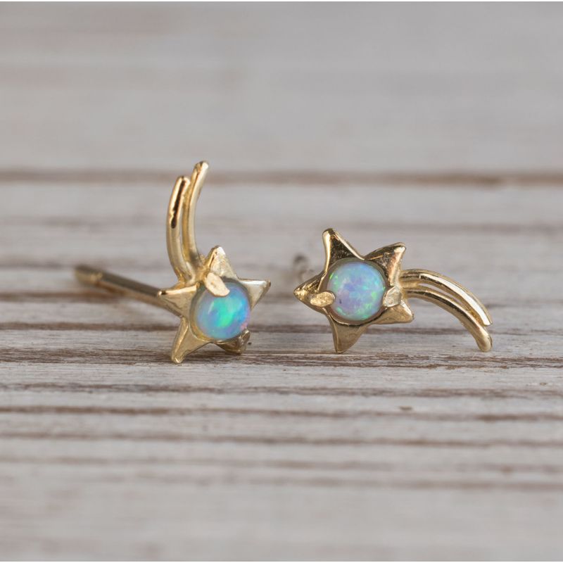 14K Yellow Gold Star Blue Opal 2mm Stud Earrings