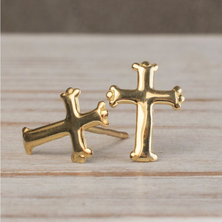 14k Solid Gold Cross Stud Earrings With Gold Closures