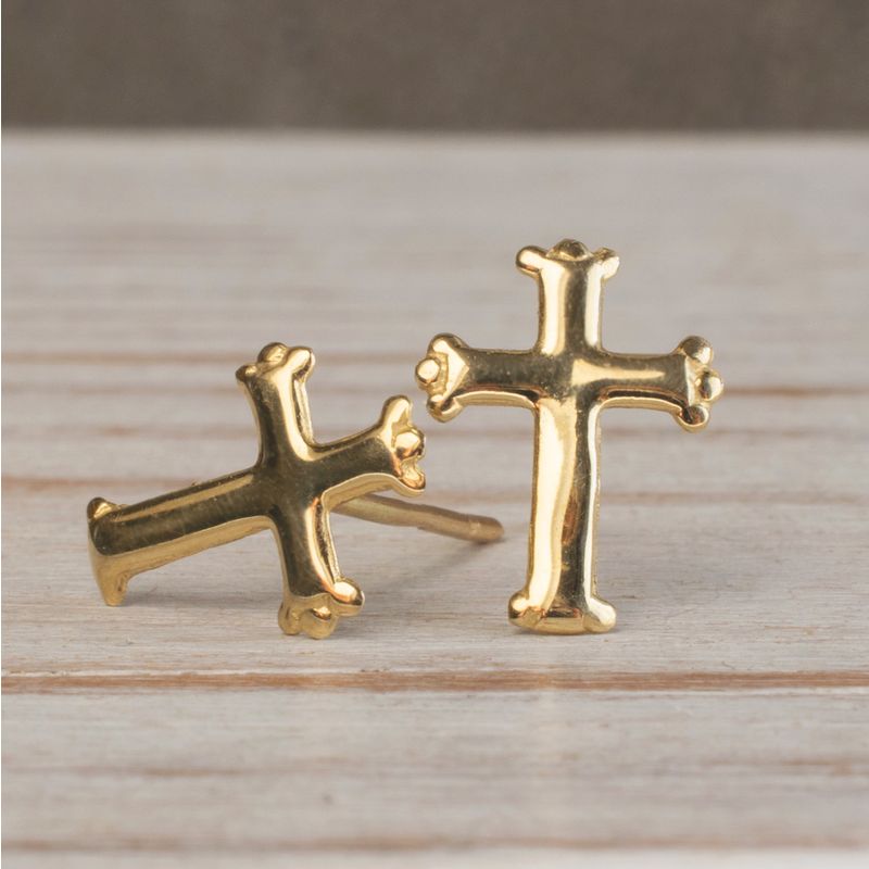 14k Solid Gold Cross Stud Earrings With Gold Closures