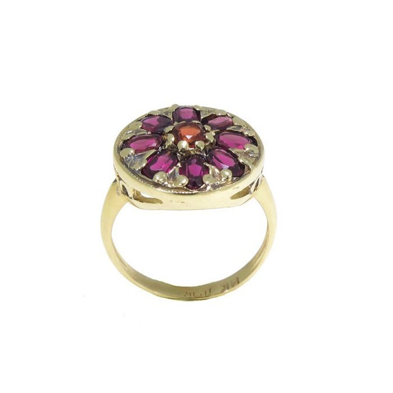 14K Rose Gold Vintage Flower Ring With A 3X5mm Oval Garnet And A 4mm Garnet In The Middle