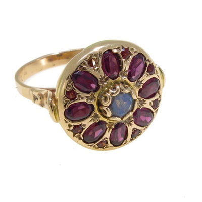 14K Rose Gold Vintage Flower Ring With A 5X3mm Oval Garnet And A 4mm Labradorite In The Middle