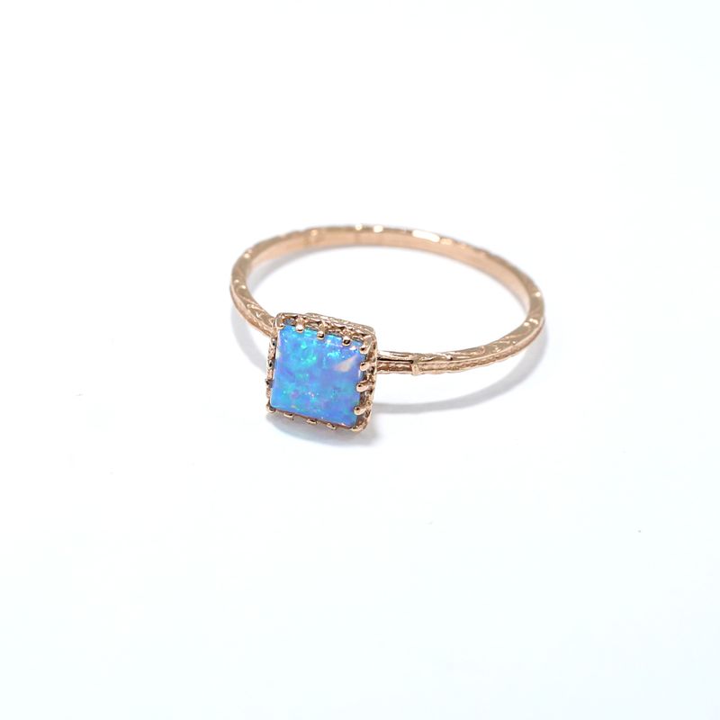 Rose Gold 14K Blue Opal Dainty Square Ring