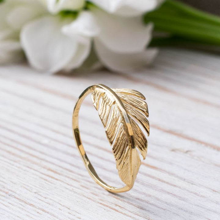 14k Solid Yellow Gold Thick Feather Ring