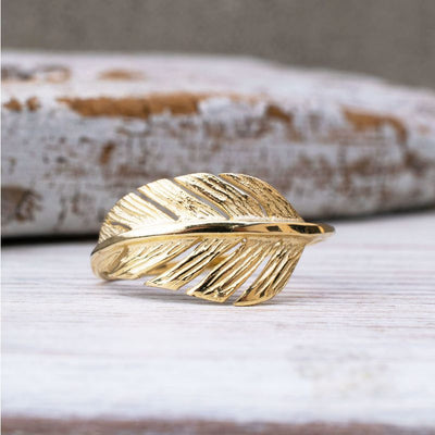 14k Solid Yellow Gold Thick Feather Ring