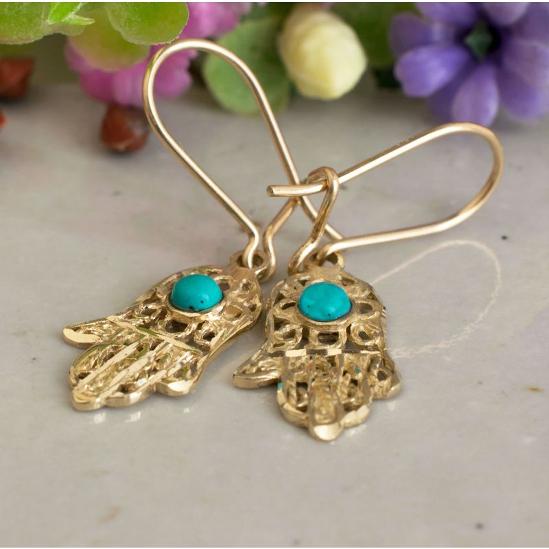 14k Solid Gold Hamsa Drop Earrings with Turquoise Gemstone