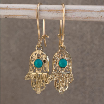 14k Solid Gold Hamsa Drop Earrings with Turquoise Gemstone