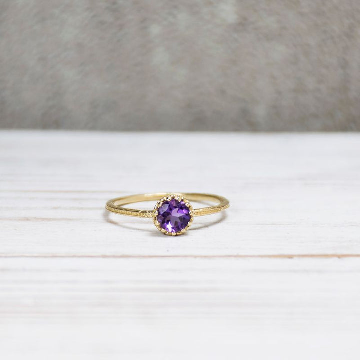 14K Yellow Gold Round Amethyst Dainty Ring