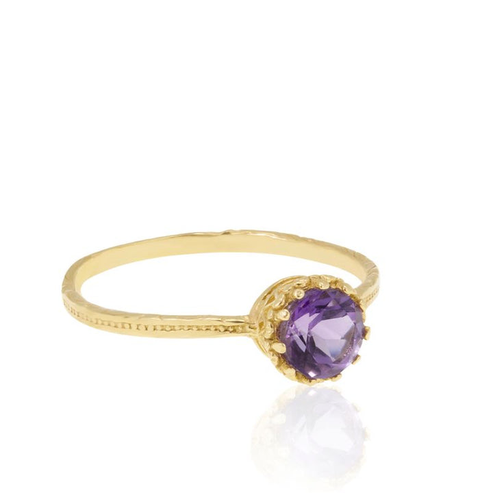 14K Yellow Gold Round Amethyst Dainty Ring