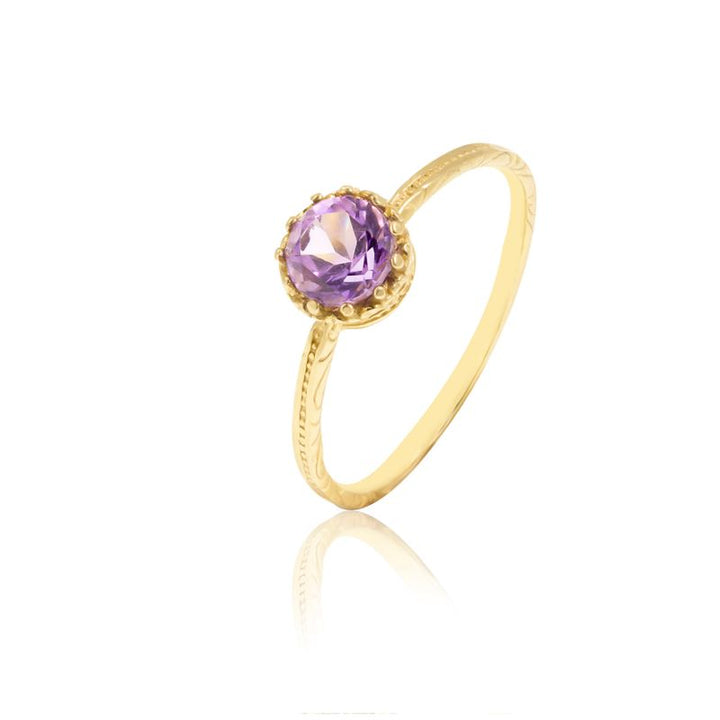 14K Yellow Gold Round Amethyst Dainty Ring