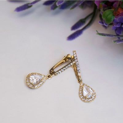 14k Solid Gold Drop Shaped Earrings With White CZ