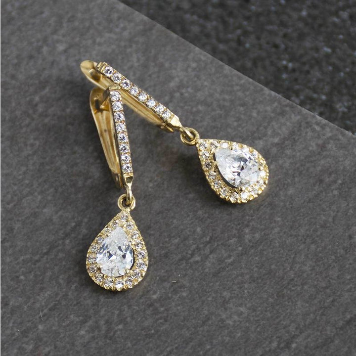 14k Solid Gold Drop Shaped Earrings With White CZ