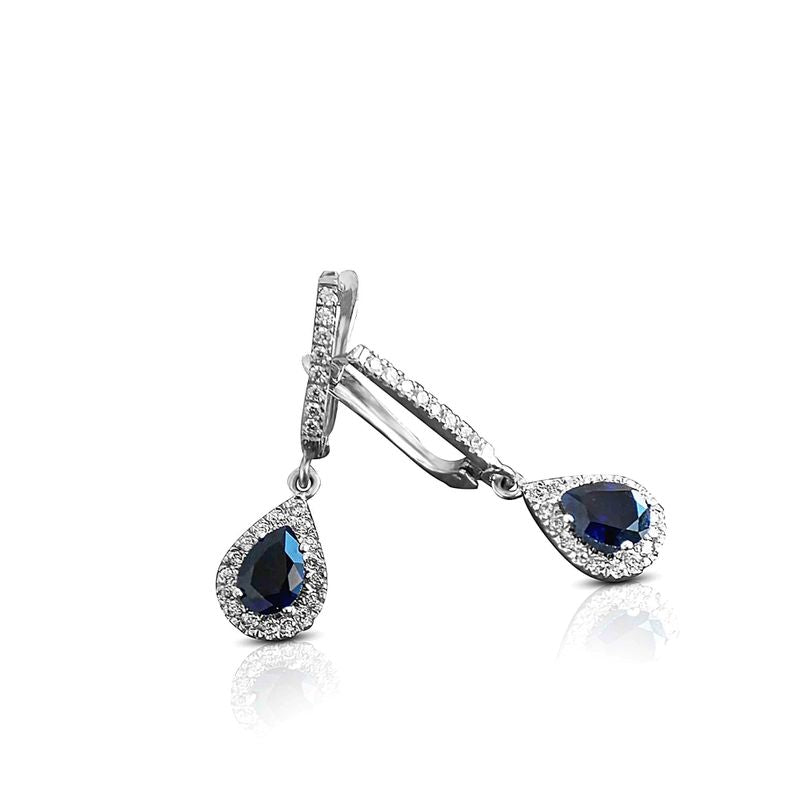 14k Solid Gold Drop Shaped Earrings With Dark Blue CZ