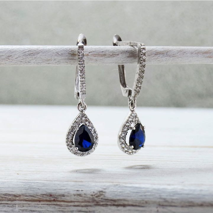 14k Solid Gold Drop Shaped Earrings With Dark Blue CZ