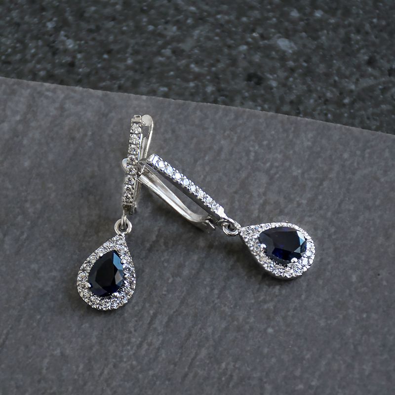 14k Solid Gold Drop Shaped Earrings With Dark Blue CZ