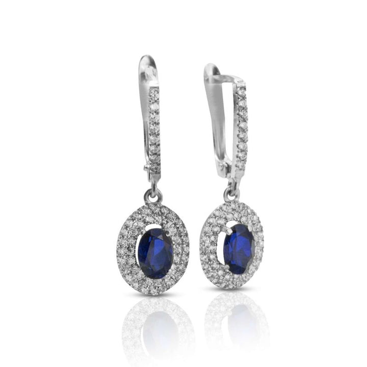 14k Solid Gold Ellipse Earrings With Dark Blue CZ Gemstone