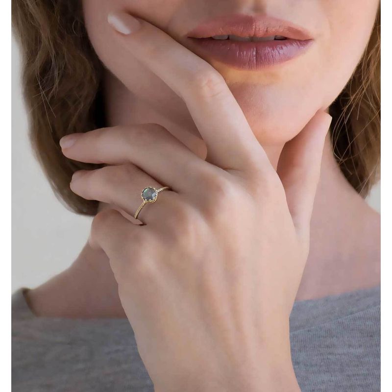 14K Yellow Gold Round Labradorite Dainty Ring