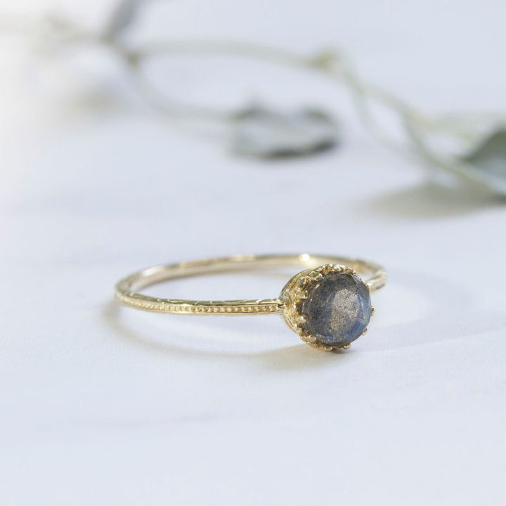 14K Yellow Gold Round Labradorite Dainty Ring