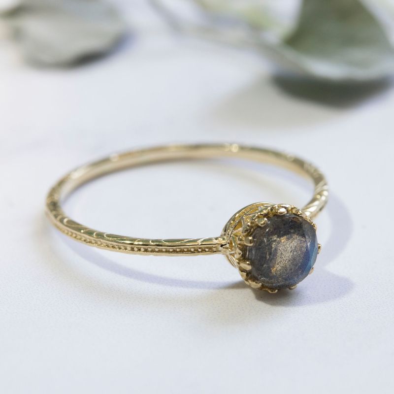 14K Yellow Gold Round Labradorite Dainty Ring