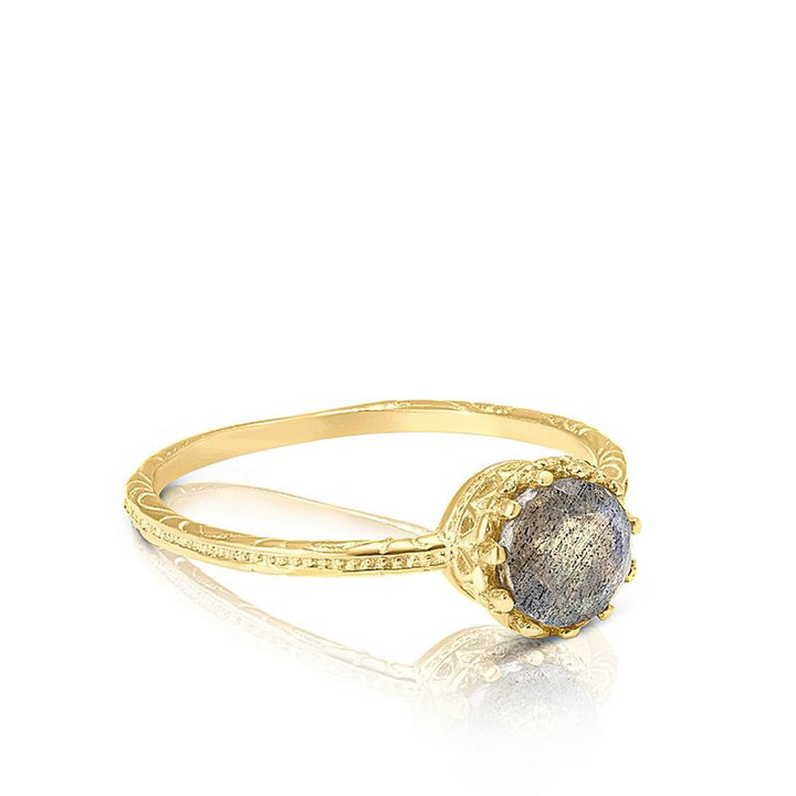 14K Yellow Gold Round Labradorite Dainty Ring