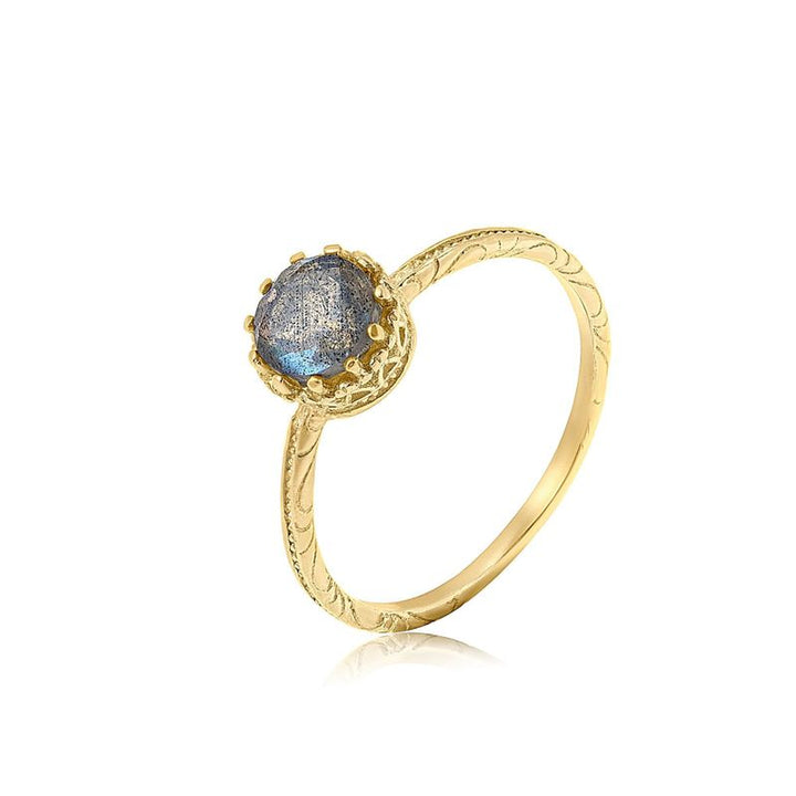 14K Yellow Gold Round Labradorite Dainty Ring