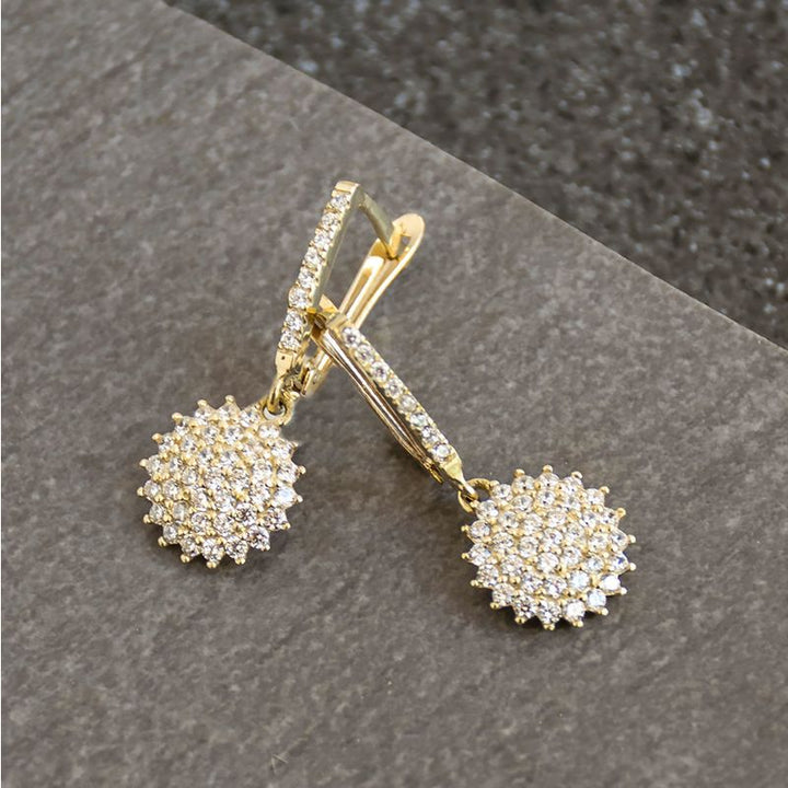 14k Solid Gold Round White CZ Gemstones Dangle Earrings