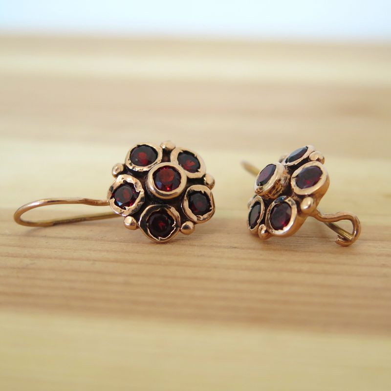 14K Rose Gold Flower Garnet Vintage Style Drop Earrings