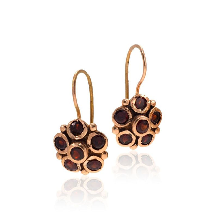 14K Rose Gold Flower Garnet Vintage Style Drop Earrings