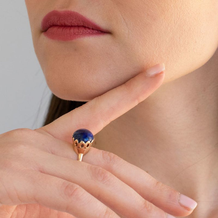 14K Rose Gold Round Blue Lapis Lazuli 12X16mm Ring