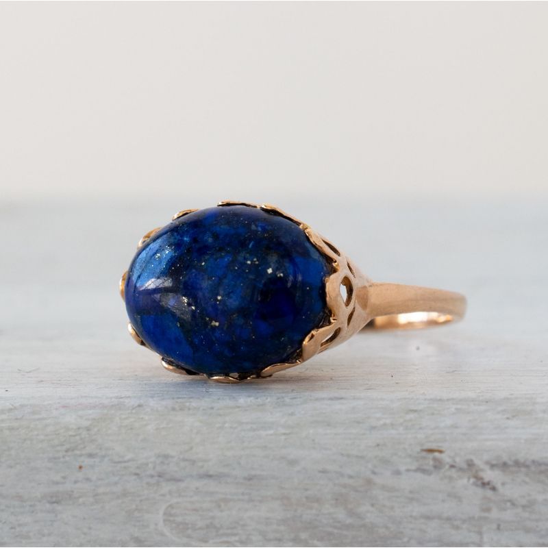 14K Rose Gold Round Blue Lapis Lazuli 12X16mm Ring