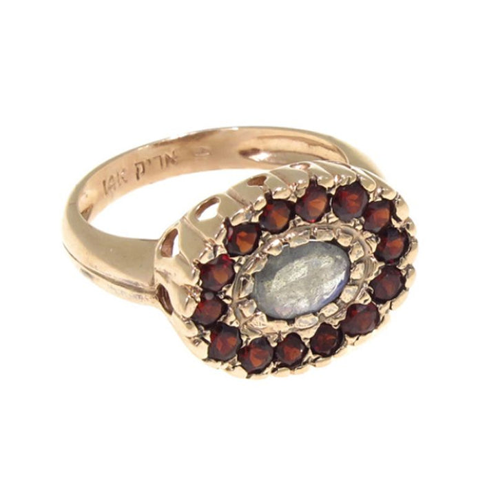 14K Rose Gold Garnet And Labradorite Antique Style Ring