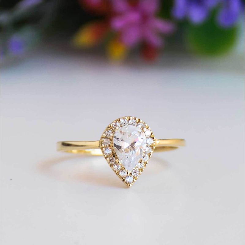 14k Solid Gold Drop Ring With White CZ Gemstone