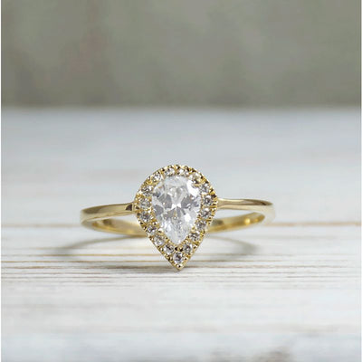 14k Solid Gold Drop Ring With White CZ Gemstone