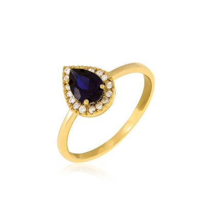14k Solid Gold Drop Ring With Dark Blue CZ Gemstone