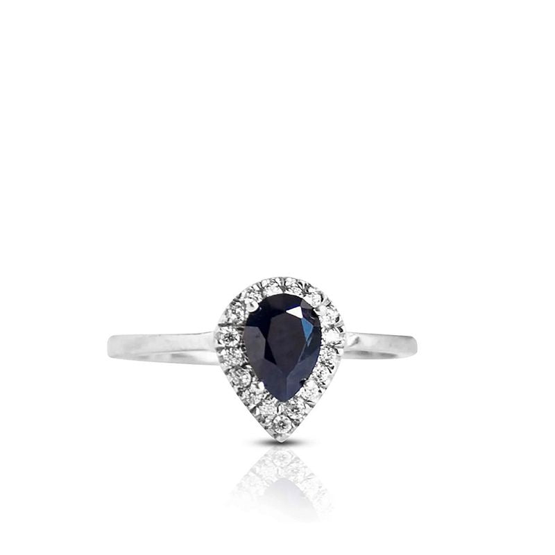 14k Solid Gold Drop Ring With Dark Blue CZ Gemstone