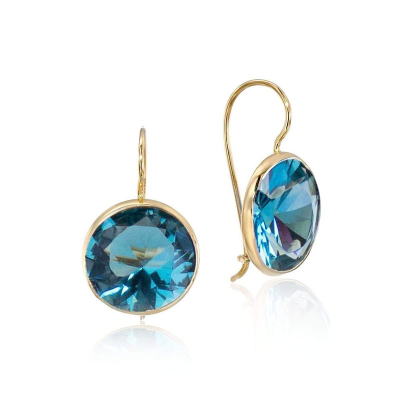 14K Yellow Gold Round Blue Cubic Zirconia 12mm Dangle Earrings